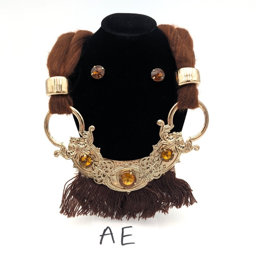 Vintage Victorian Revival Necklace Handmade Macrame Beaded Gold Egyptian Amber